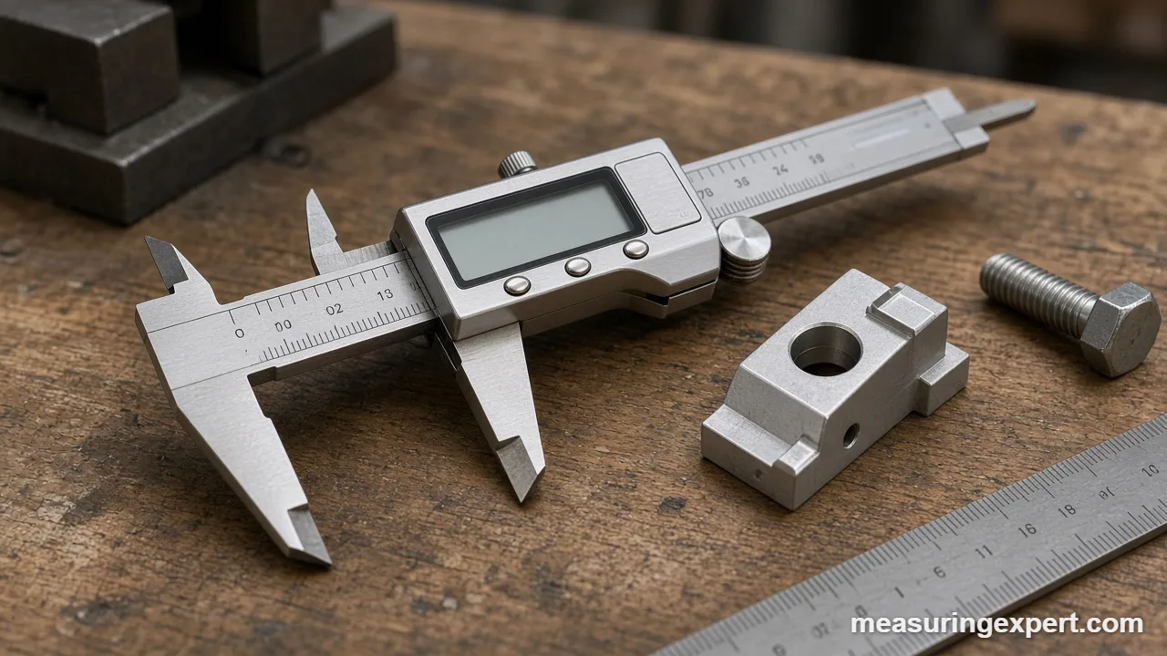 Best digital caliper on a workshop bench beside machined parts