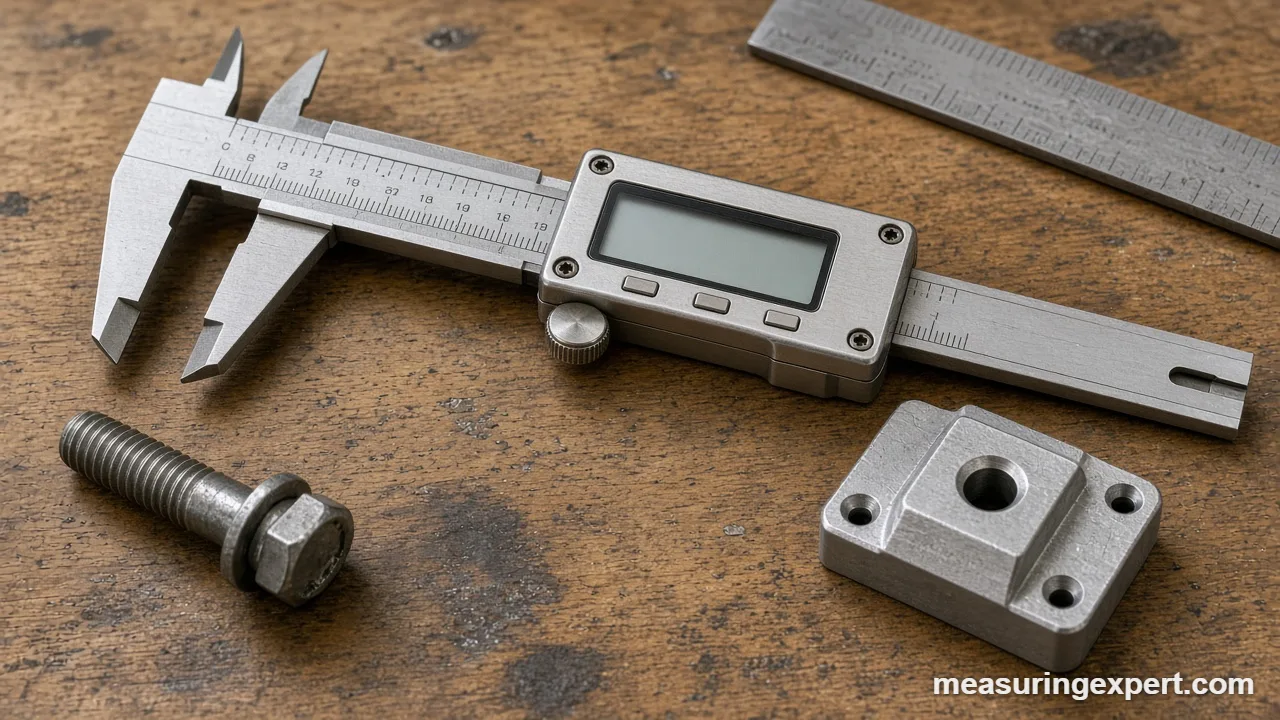 Best digital caliper jaws closing on a steel bolt