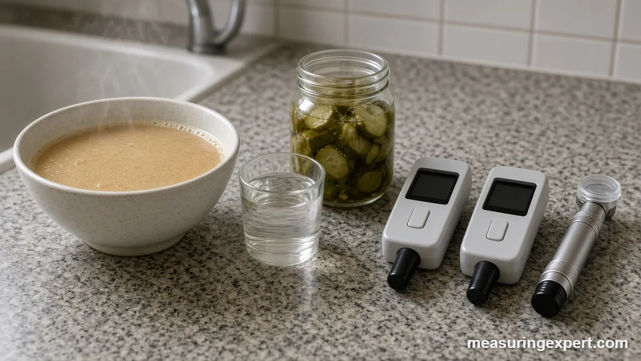 Pocket salt meters and a refractometer used to check food salt levels