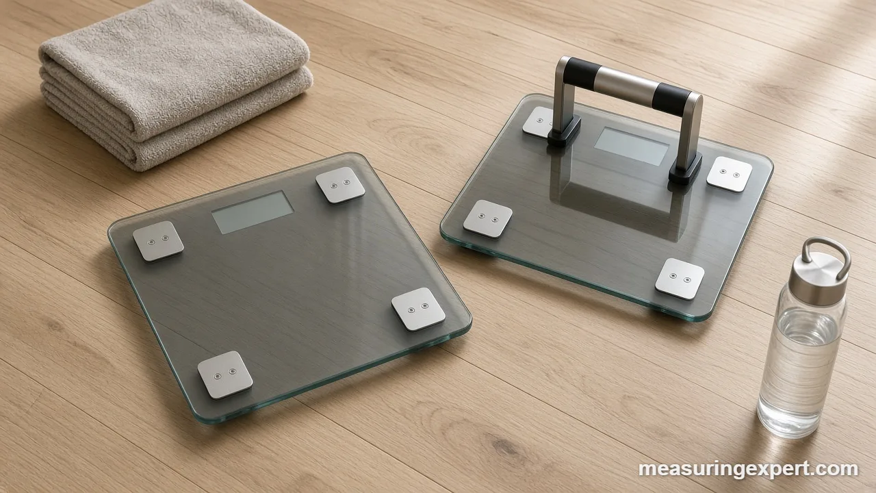 Best fitness scale with handle electrodes next to a flat smart scale