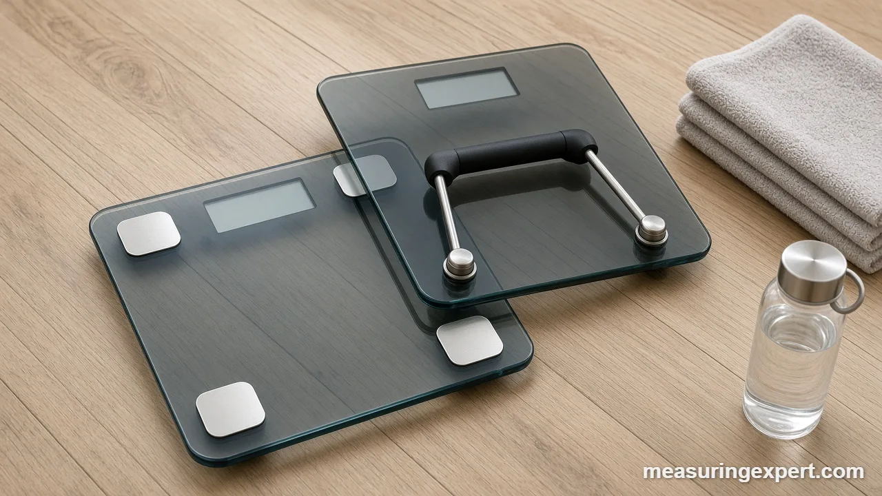 Close view of the best fitness scale foot electrodes on a glass platform