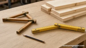 Best folding measuring stick choices: wooden and fiberglass zig-zag rules on a workbench