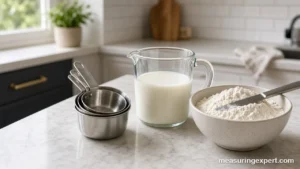 The best food measuring cups: steel dry cups and a glass liquid cup on a kitchen counter