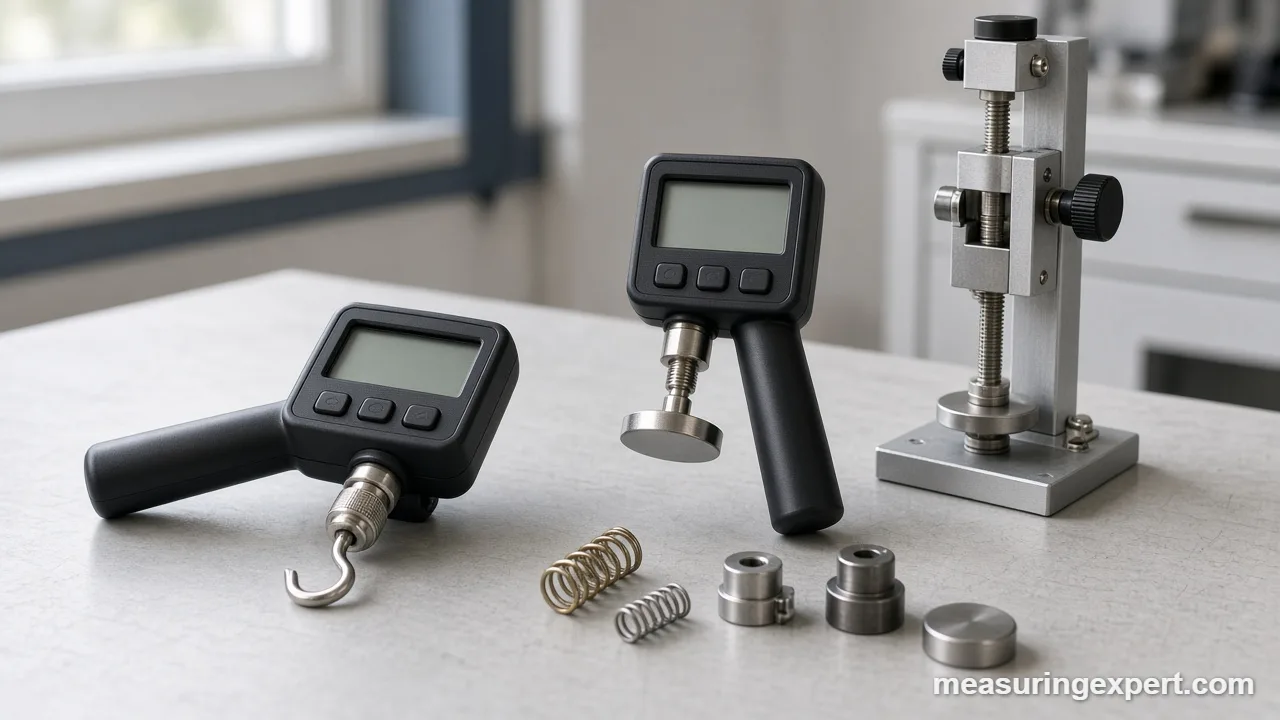 Best force gauge options on a workbench with hook and flat attachments