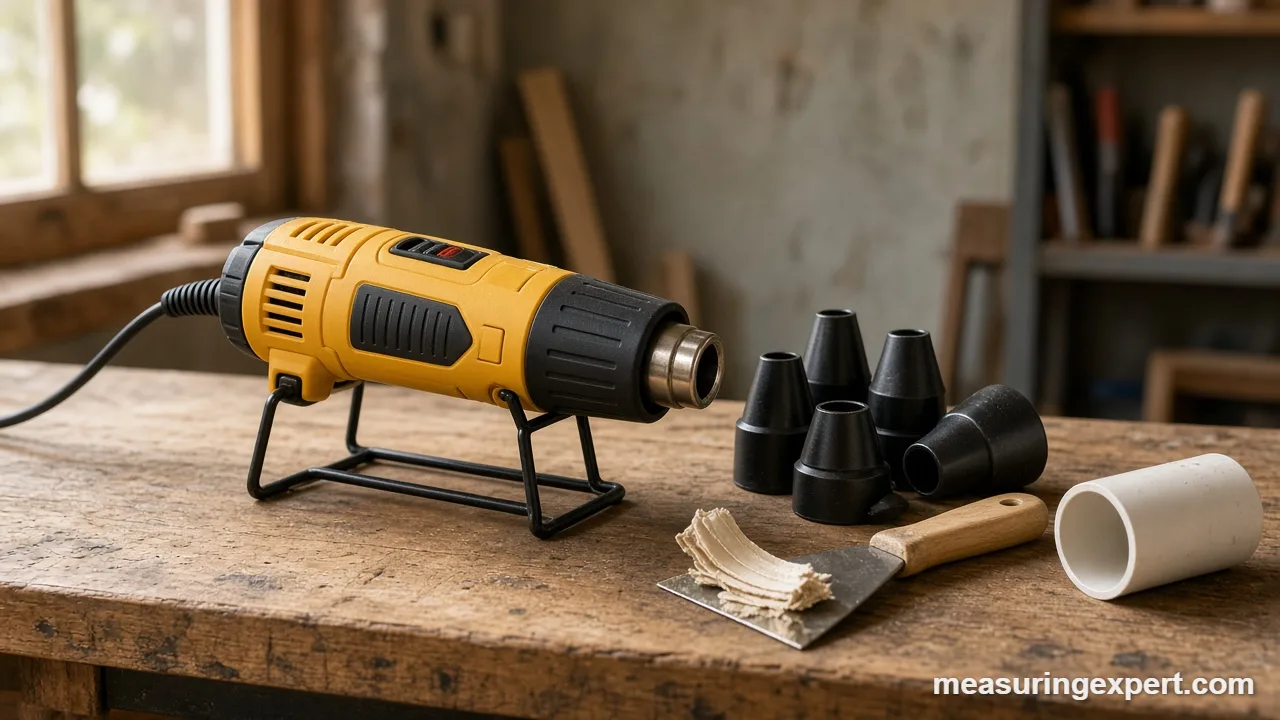 Best heat gun on a workbench with nozzles and a paint scraper
