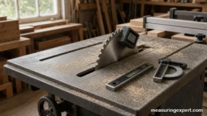 Best inclinometer for woodworking: a digital angle gauge on a tilted table saw blade
