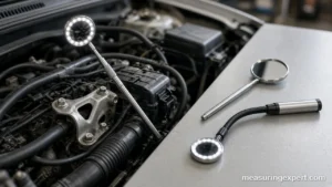 Best inspection mirror with LED light angled into a car engine bay