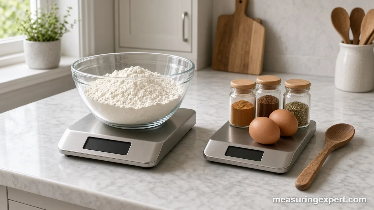 Best kitchen scale weighing flour in a glass bowl on a kitchen counter