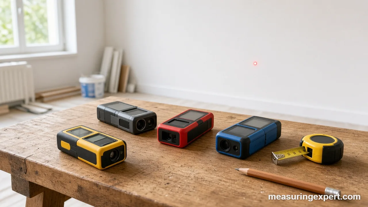 Best laser distance measurer options on a workbench in a renovated room