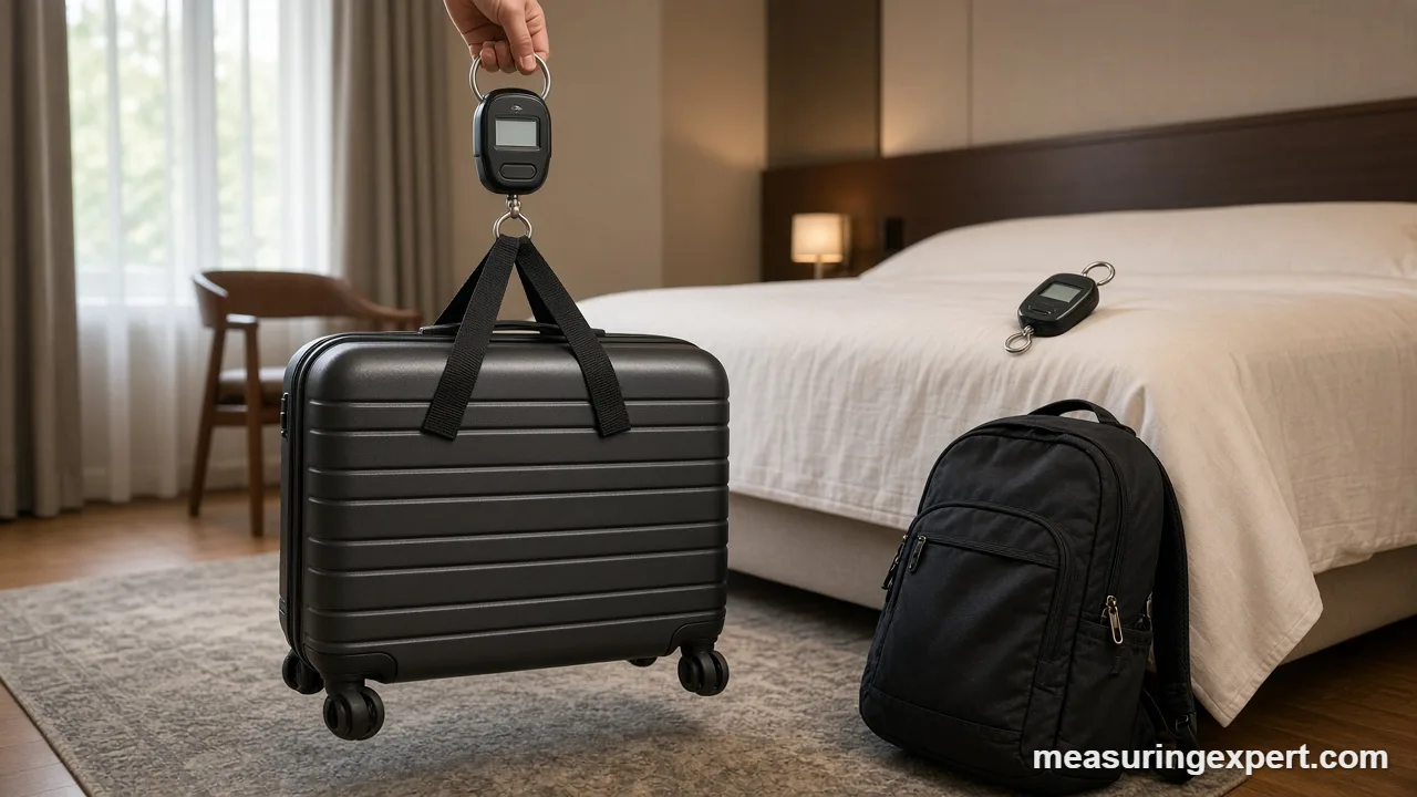 Best luggage scale hanging from a suitcase handle in a hotel room