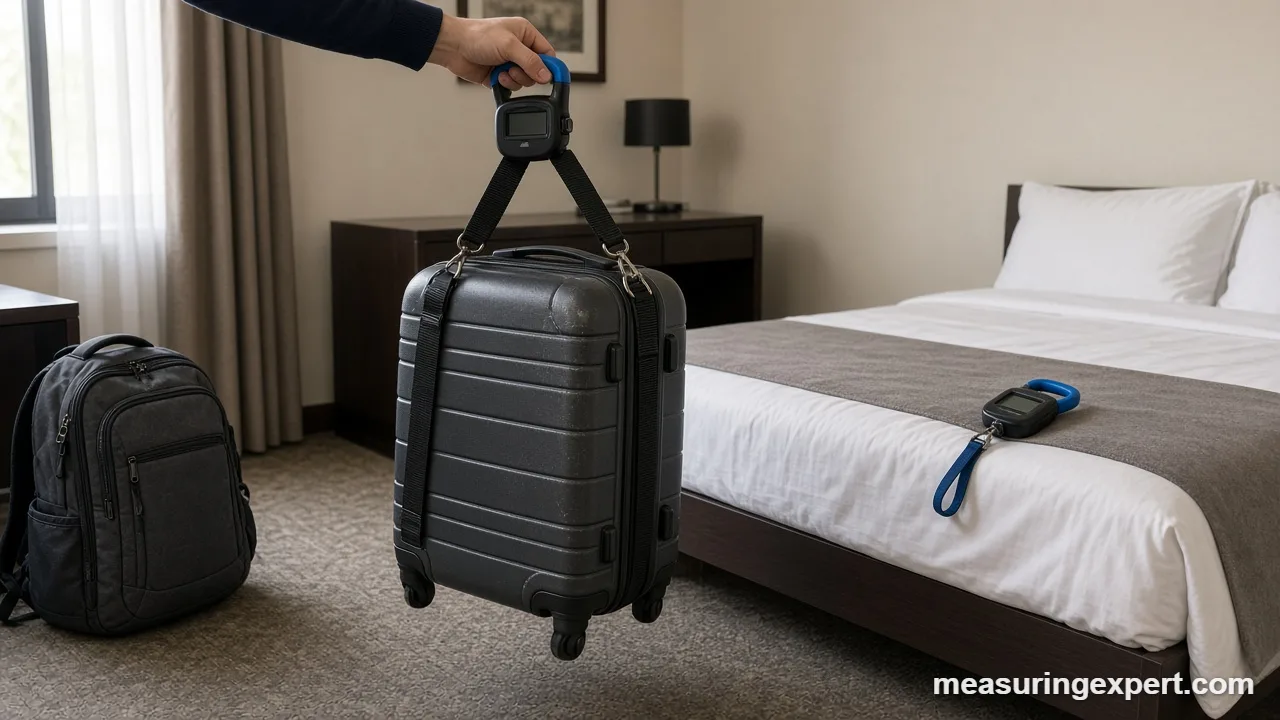 Handheld best luggage scale and travel bags ready for an airport check-in