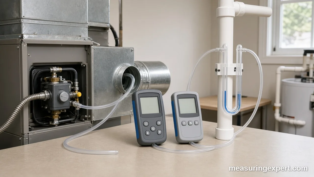 Choosing the best manometer: digital meters with tubing beside a furnace gas valve