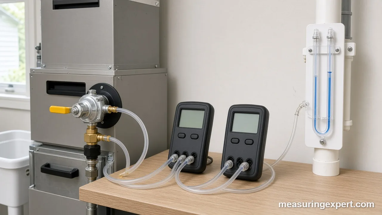 Best manometer types compared: digital dual-port meter and U-tube on a pipe