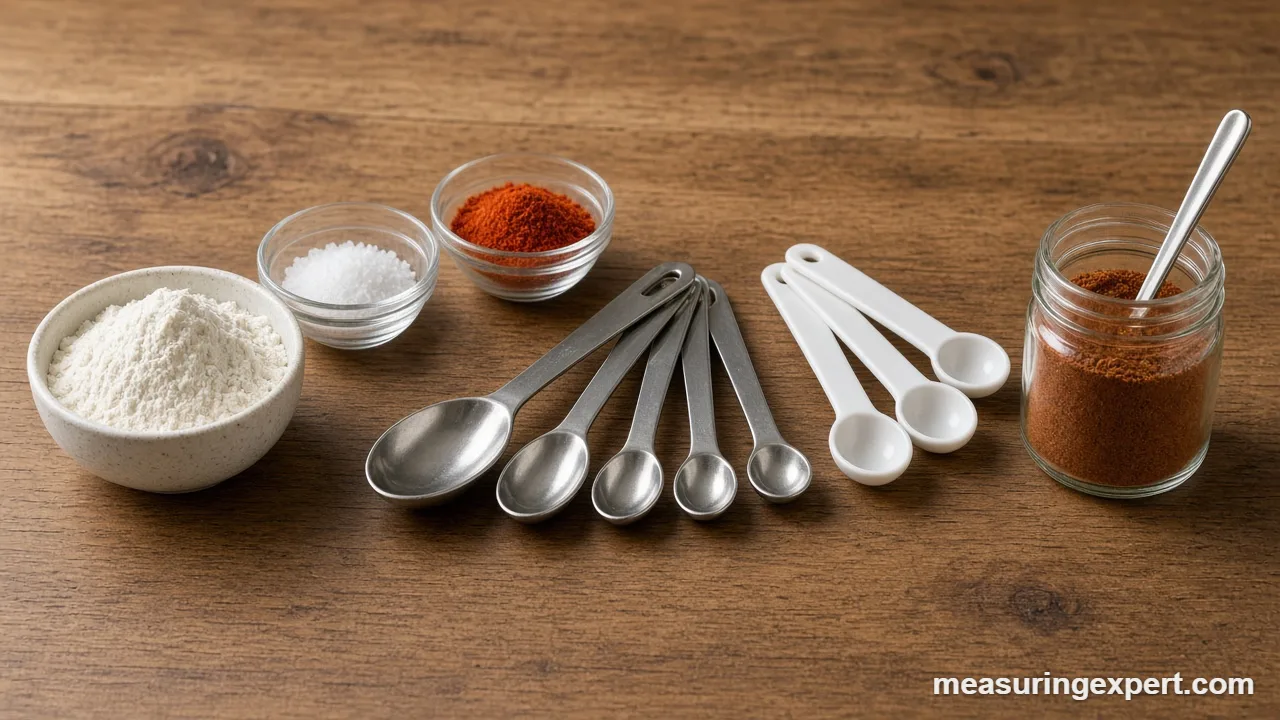 A best measuring spoon set with narrow spice spoons beside small jars