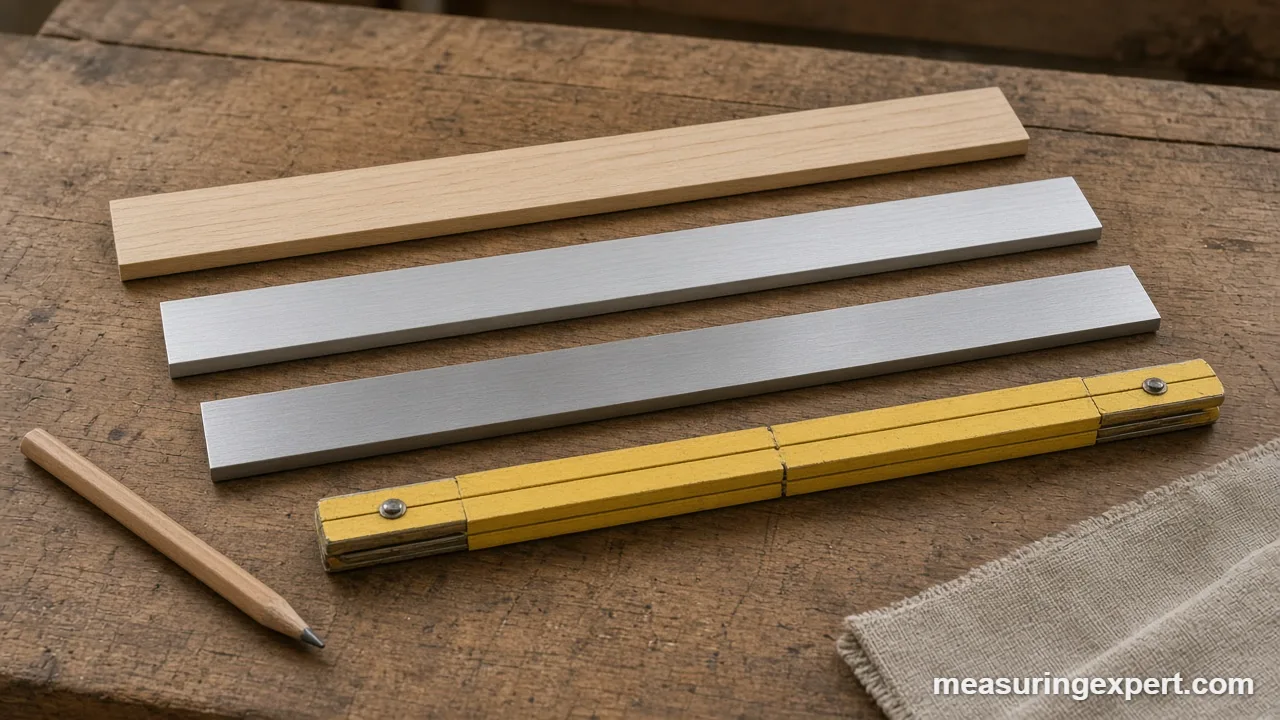 A steel rule and folding rule next to the best meter ruler for shop use