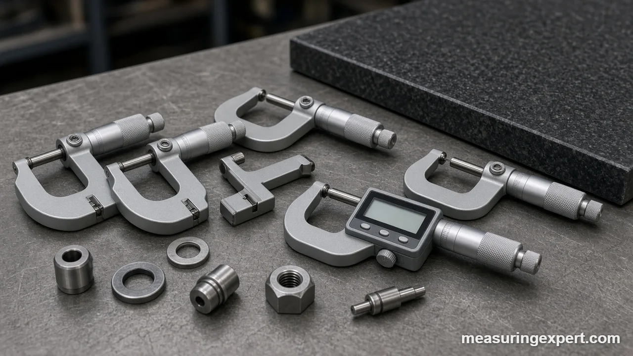 Digital and mechanical outside micrometers on a machinist bench, best micrometer guide