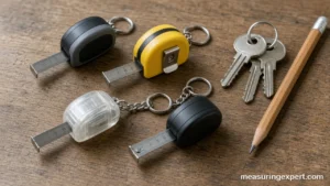 Best mini tape measure options: keychain and pocket tapes on a workbench