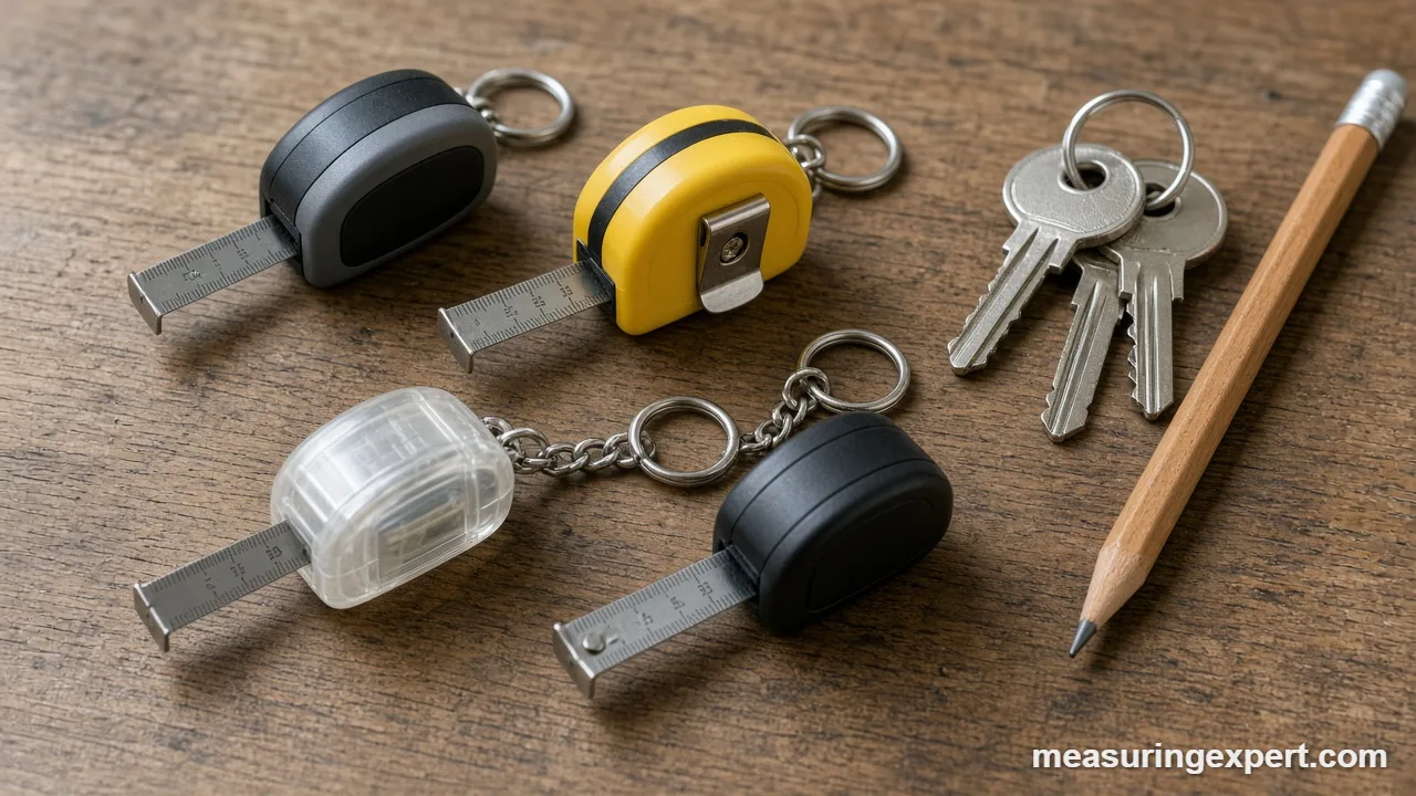 Best mini tape measure options: keychain and pocket tapes on a workbench