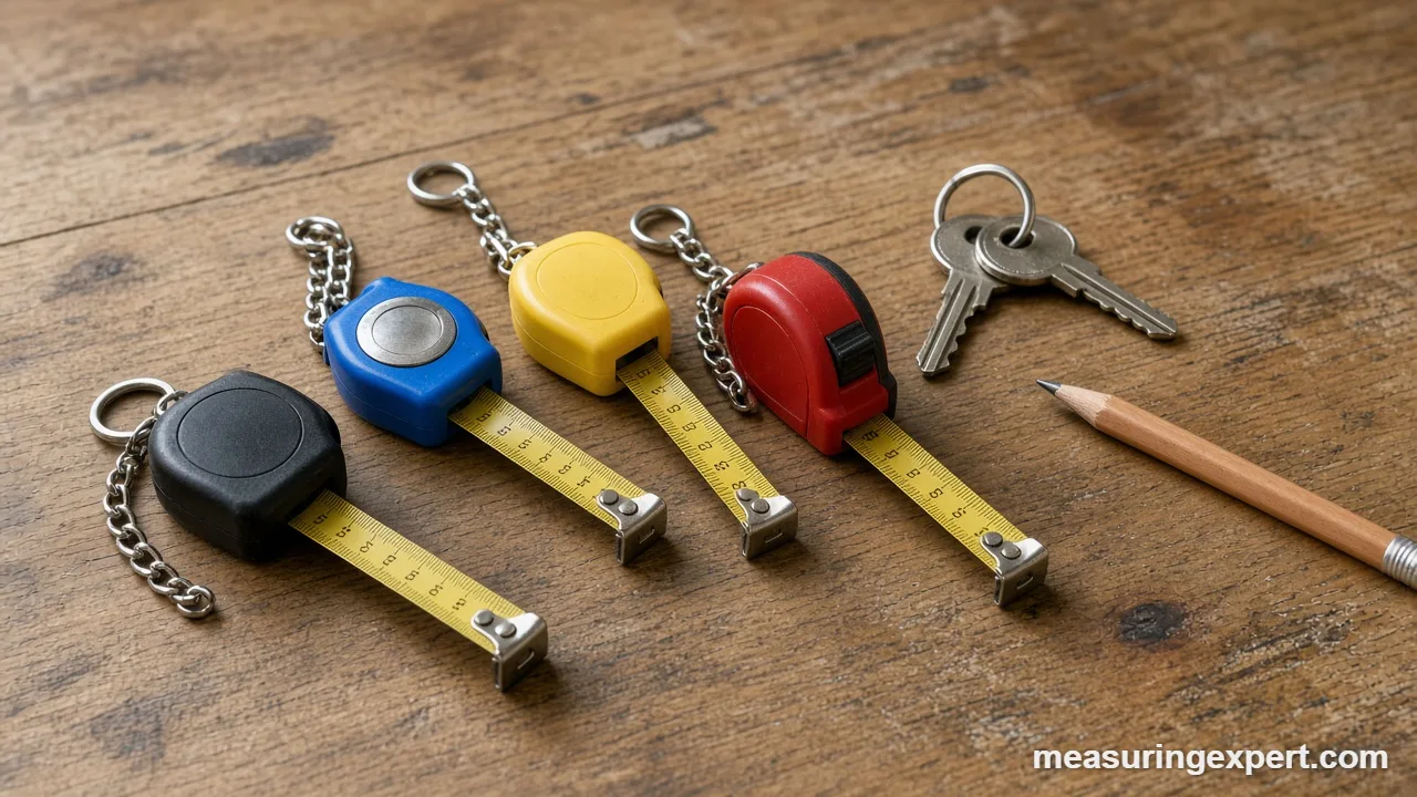 Best mini tape measure blades extended beside keys and a pencil