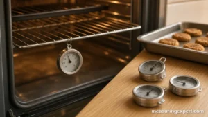 Best oven thermometer dials on a kitchen counter and an oven rack