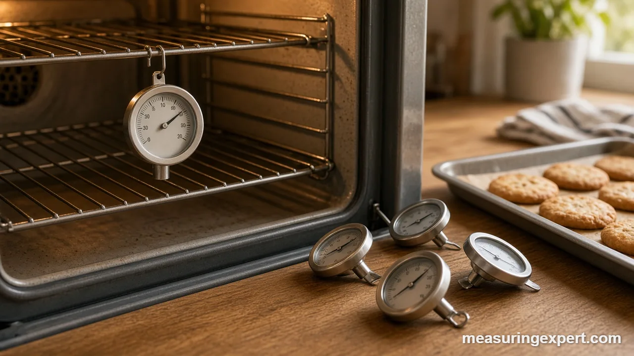 Best oven thermometer hanging from the center rack of a hot oven