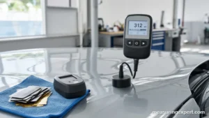 Best paint thickness gauge resting on a glossy car fender in a body shop