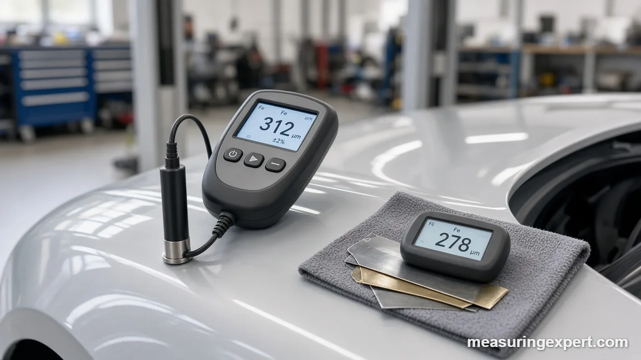 Best paint thickness gauge probe and calibration foils on a microfiber cloth