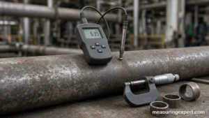 Best pipe thickness gauge tools on a steel pipe and workbench