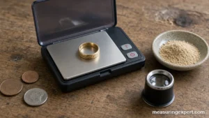Best pocket scale on a workbench weighing a gold ring next to coins
