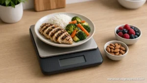 Best portion control scale with a plated meal on a kitchen counter