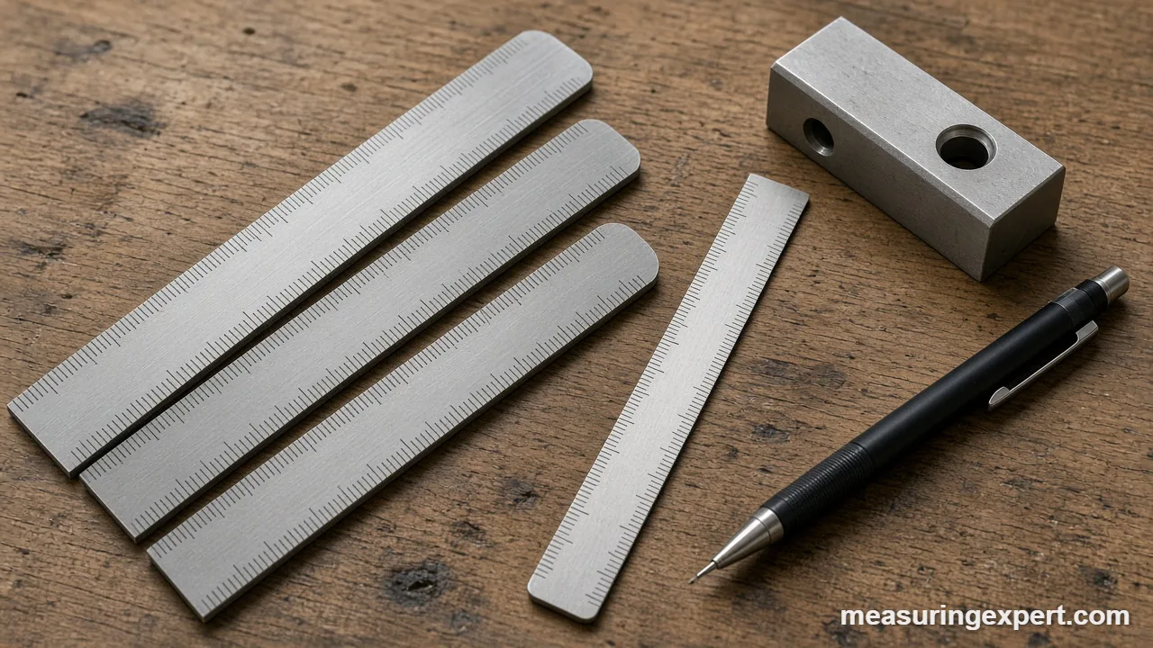 Steel rules on a workbench for choosing the best precision ruler