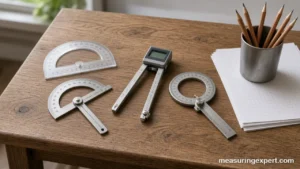 Best protractor types on a drafting desk: school, steel, digital and bevel models