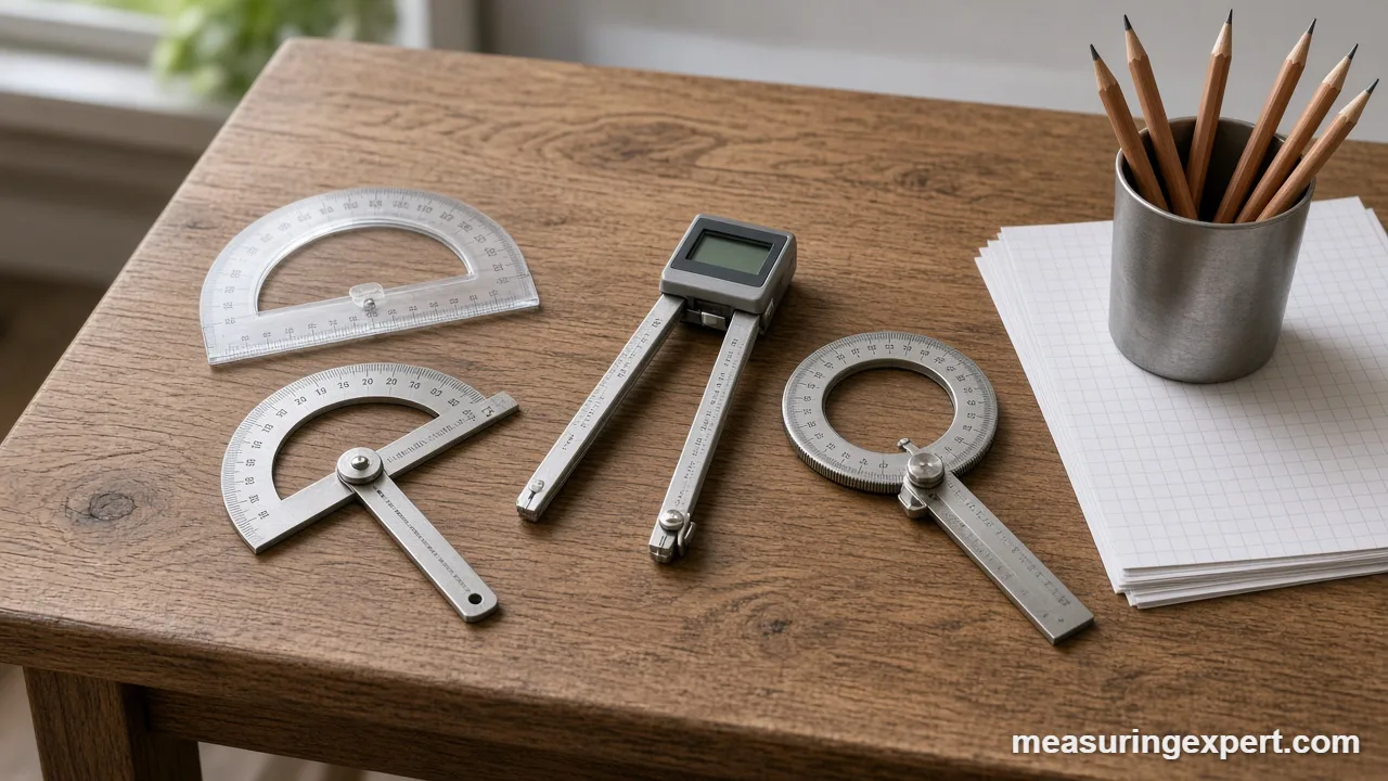 Best protractor types on a drafting desk: school, steel, digital and bevel models