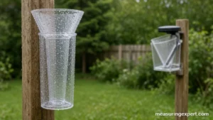 Best rain gauge mounted on a post in an open backyard after rain
