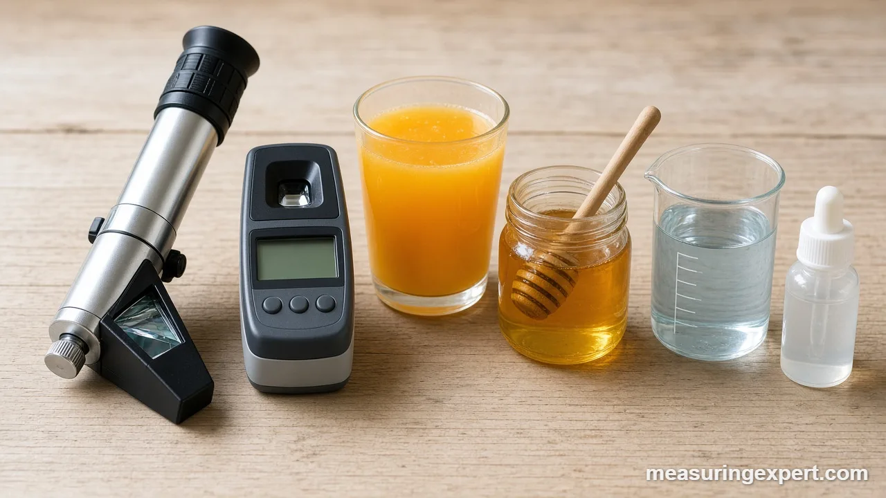 Best refractometer types: optical and digital models next to juice and honey samples