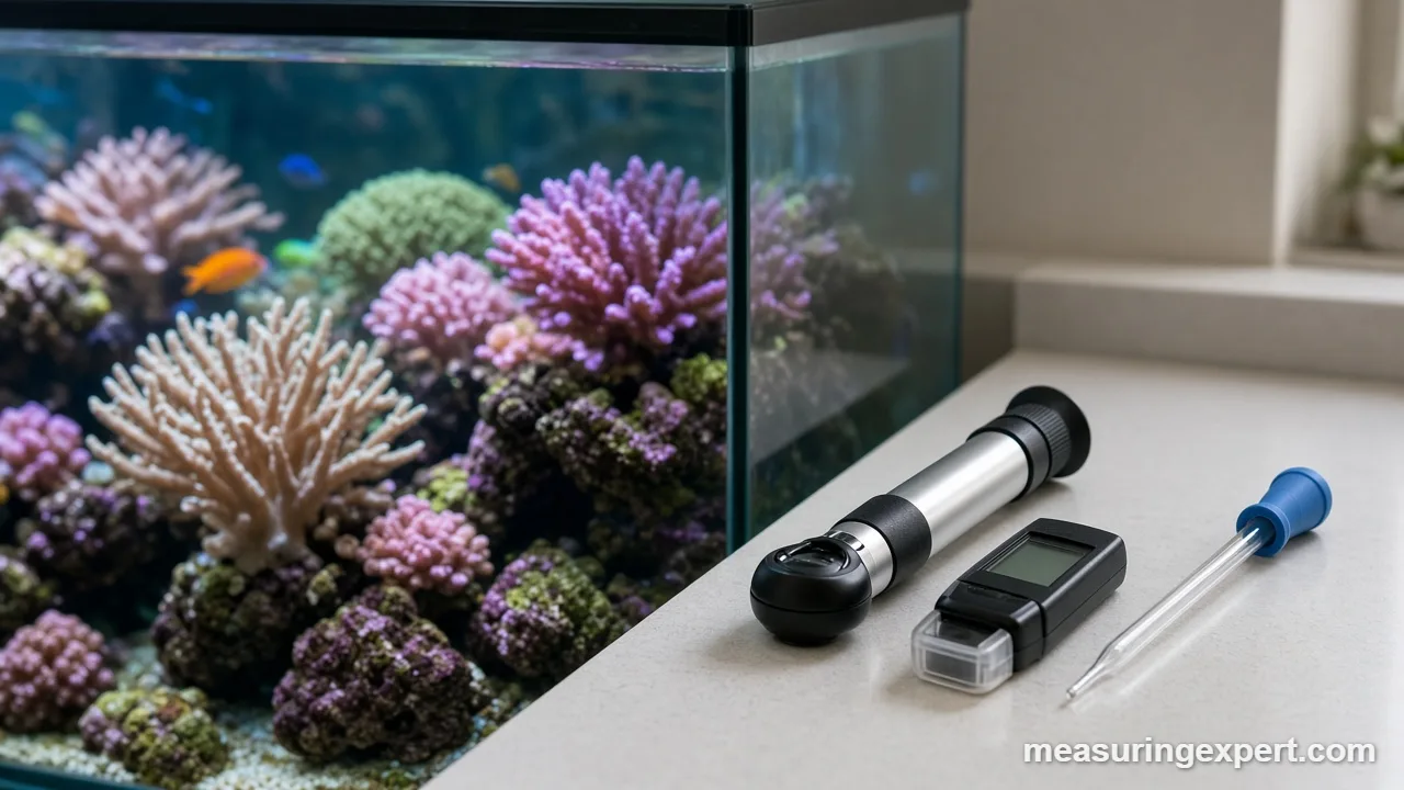 Best salinity tester tools: refractometer and digital meter next to a saltwater tank