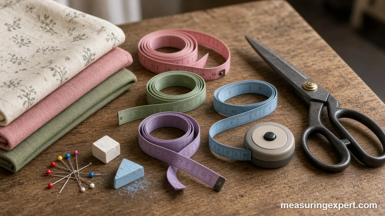 Best sewing measuring tape coiled beside fabric shears and pins