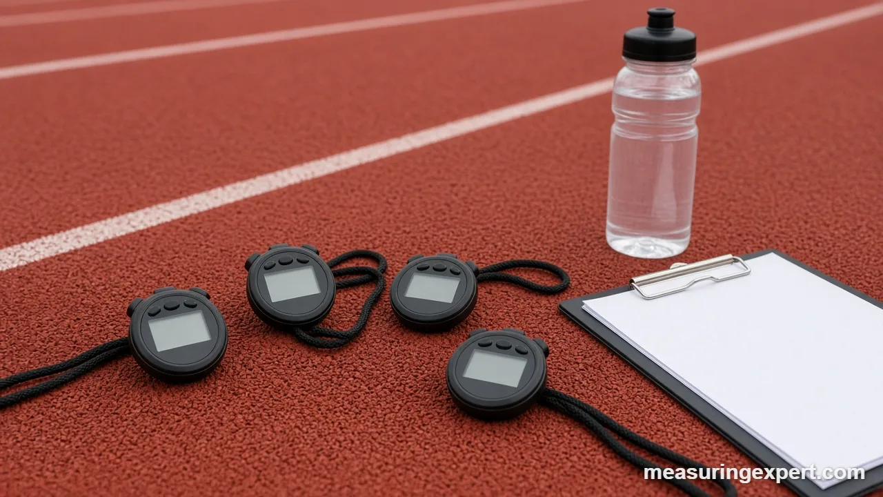 Digital sports stopwatch next to a clipboard at the track