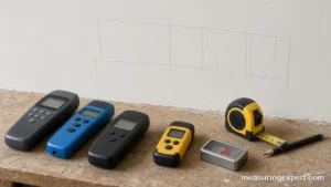 The best stud finder types on a workbench beside a drywall wall
