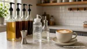 Best syrup measuring bottle options with pumps and pour spouts on a coffee bar