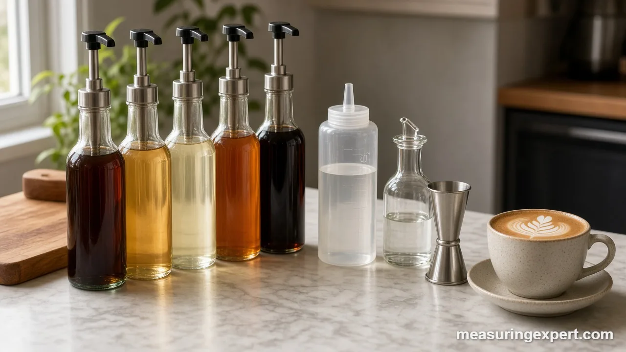 Syrup pump and graduated squeeze bottle used to measure coffee syrup doses