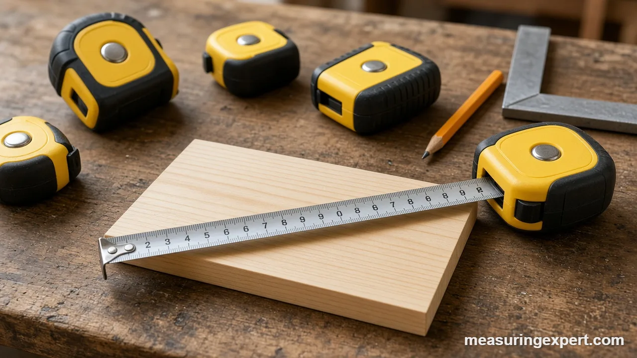 Best tape measure options laid out on a wooden workbench