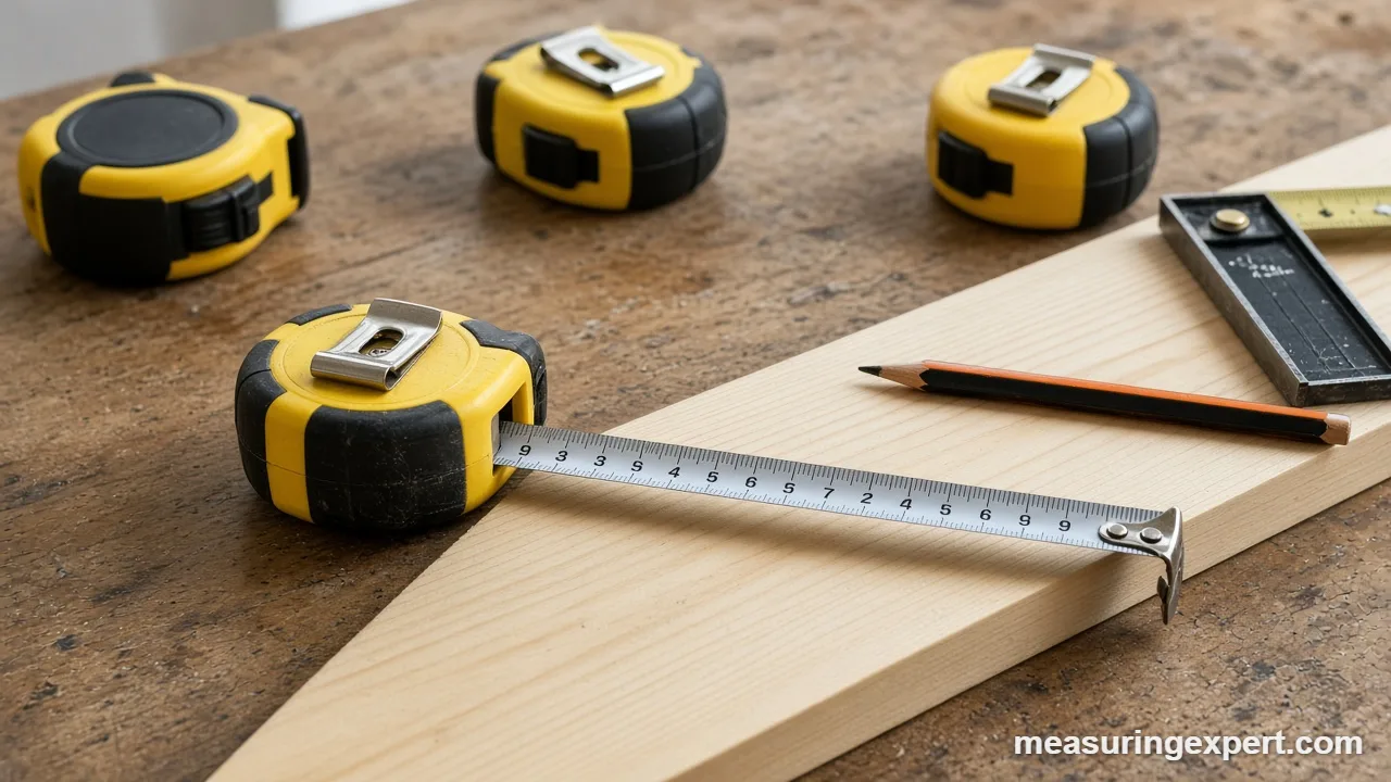 A best tape measure blade extended across a pine board