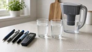 Best TDS water tester pens beside glasses of tap and filtered water