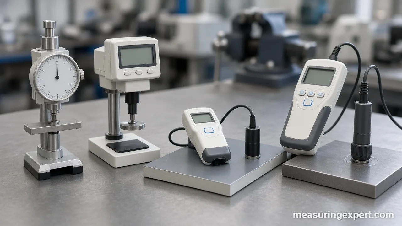 Best thickness gauge picks: dial, digital, coating and ultrasonic gauges on a workbench