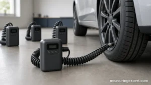 Best tire inflator options lined up next to a car tire in a garage