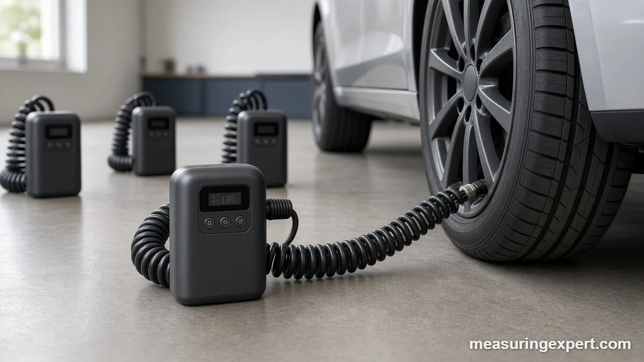 Best tire inflator options lined up next to a car tire in a garage