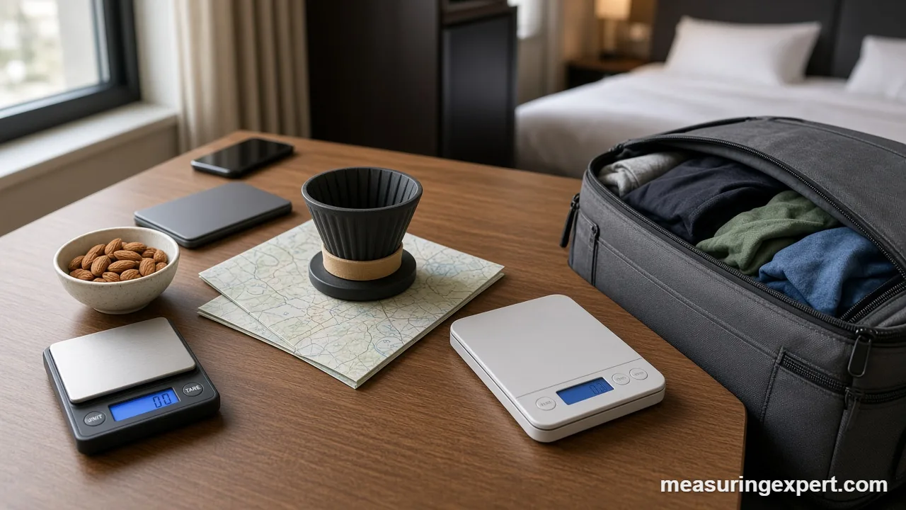 Best travel pocket scale options on a hotel desk with snacks and coffee gear
