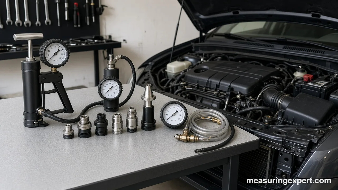 Vacuum pressure tester gauge and hoses ready for an engine test