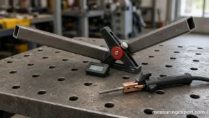 Best welding angle tool setup with a magnetic welding square and digital angle gauge on a steel table